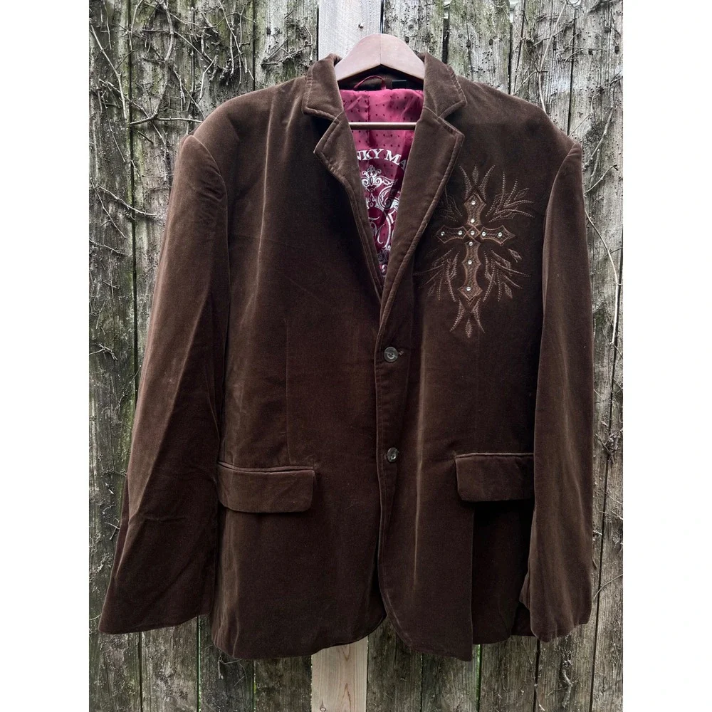 VTG FRANKY MAX Brown Embroidered Studded Grunge Western VelourY2k Bling Blazer L